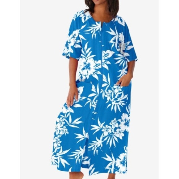 Dreams Co Maxi French Terry Zip-Front Robe 2X Blue White Floral Bath Lounge - Picture 1 of 10